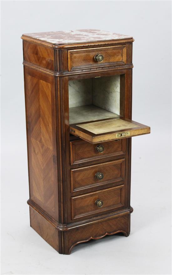 A French walnut and marble bedside cupboard, W. 1ft 3in. D. 1ft 2.5in. H. 3ft 0.5in.